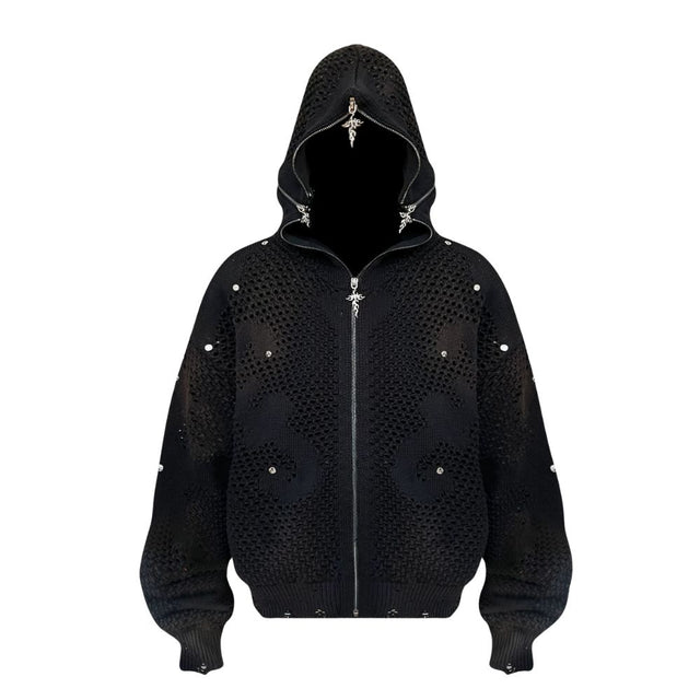 Avant-Garde Hollow Knit Zip-Up Hoodie