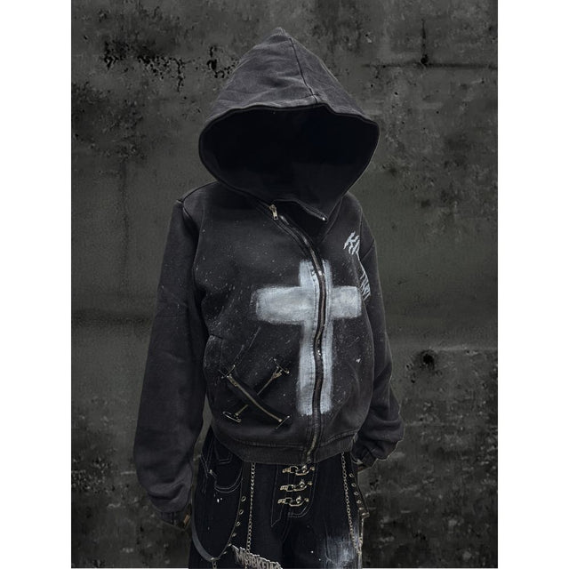 Vintage Hand-Painted Cross Zip-Up Jacket
