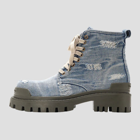 Distressed Denim Combat Boots