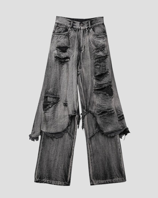 HEAVY-DISTRESSED DOUBLE-LAYER DENIM GRY