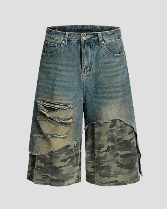 HYBRID CAMO-LAYER DENIM SHORT
