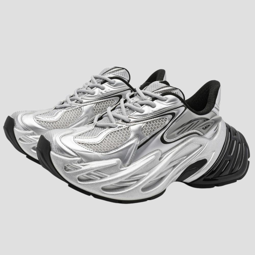 Metallic Silver Cyber Y2K Sneakers - Liquid Flame Tech Runner