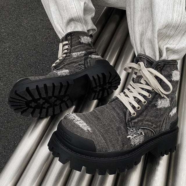 Distressed Denim Combat Boots