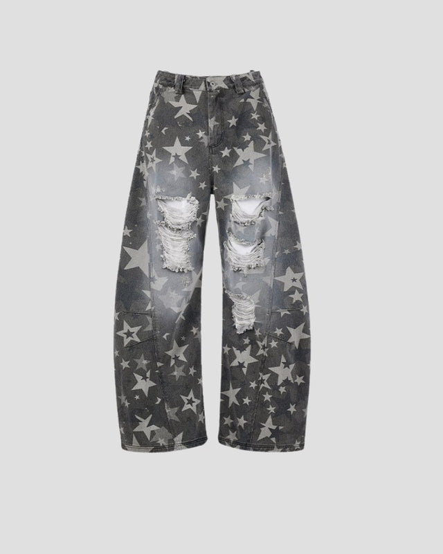 STAR-PATTERN DISTRESSED CURVED PANTS