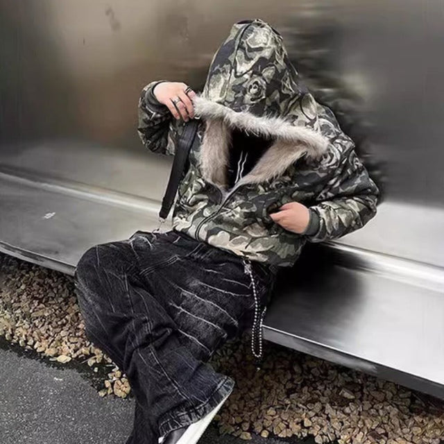 Camouflage Fur Collar Padded Jacket