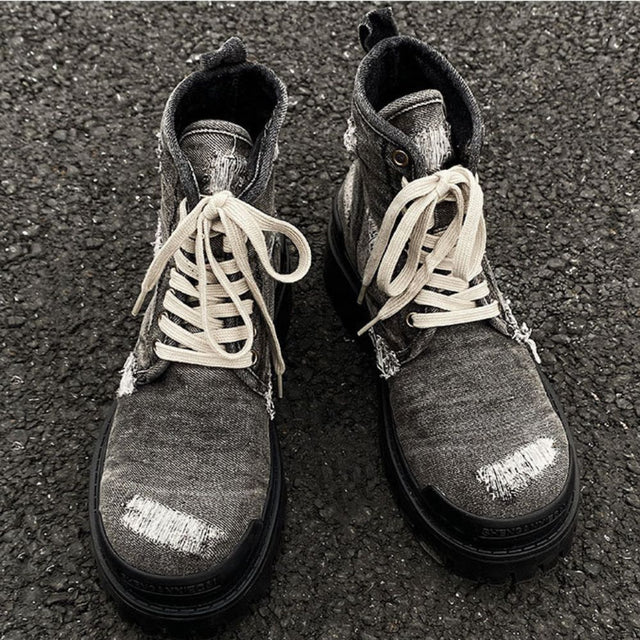 Distressed Denim Combat Boots