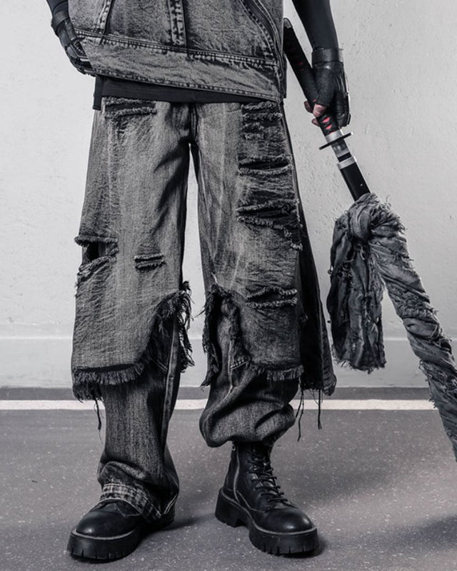 HEAVY-DISTRESSED DOUBLE-LAYER DENIM GRY