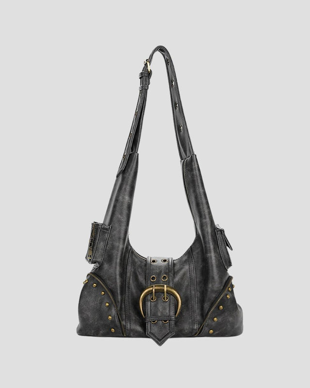 RIVETED BIKER HOBO BAG BLK