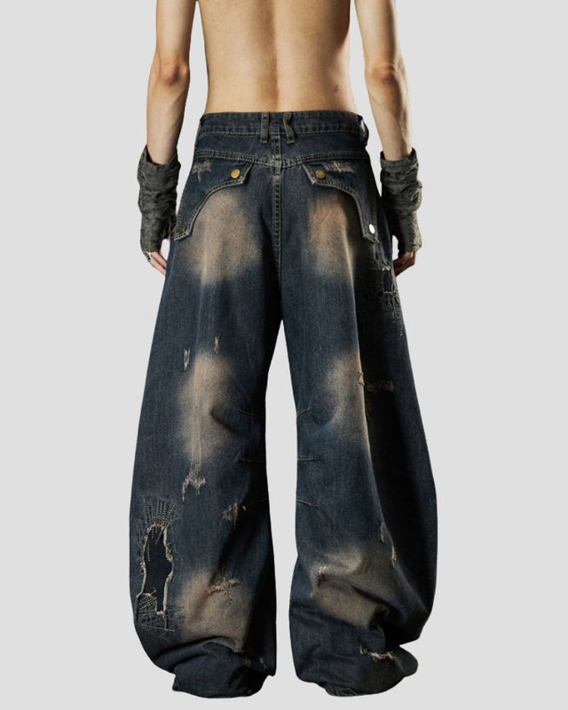 DISTRESSED CURVED DENIM BLK/BLU