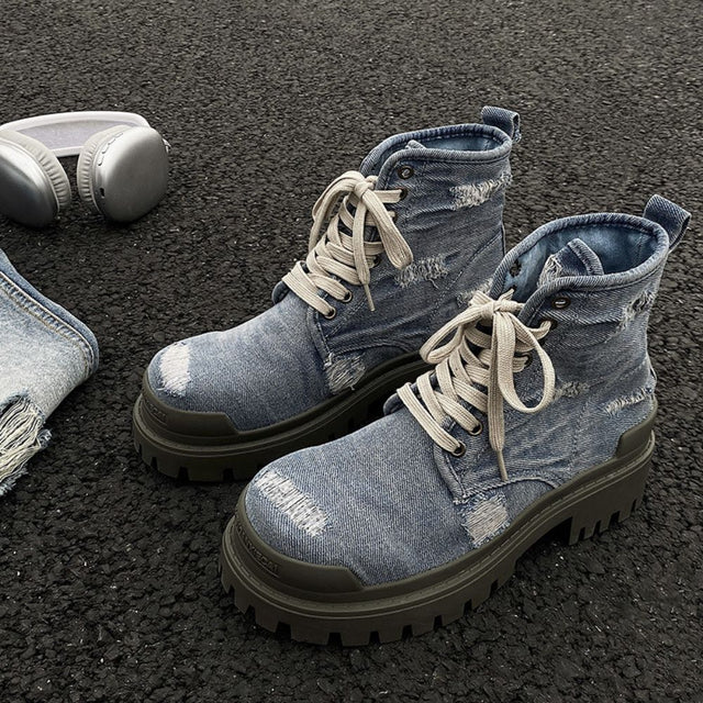 Distressed Denim Combat Boots