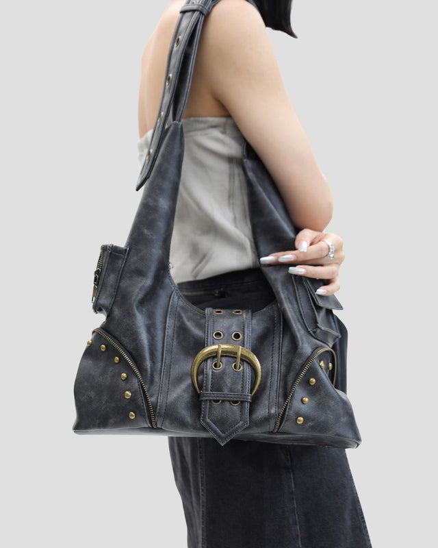RIVETED BIKER HOBO BAG BLK