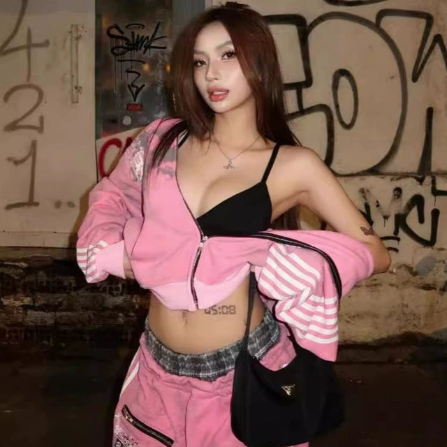 Vintage Design Three-Stripe Print Hoodie Set