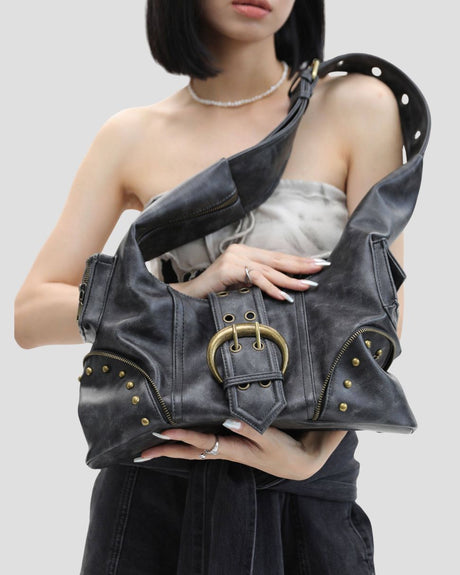 RIVETED BIKER HOBO BAG BLK