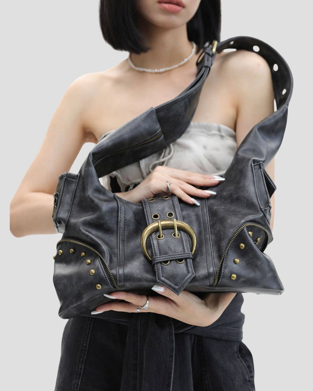 RIVETED BIKER HOBO BAG BLK