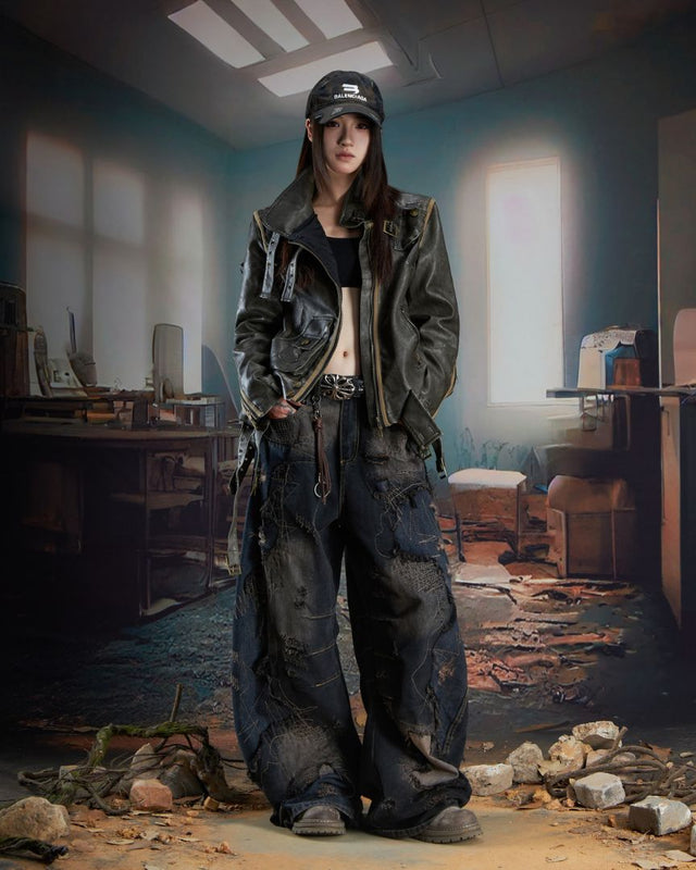 DISTRESSED CURVED DENIM BLK/BLU