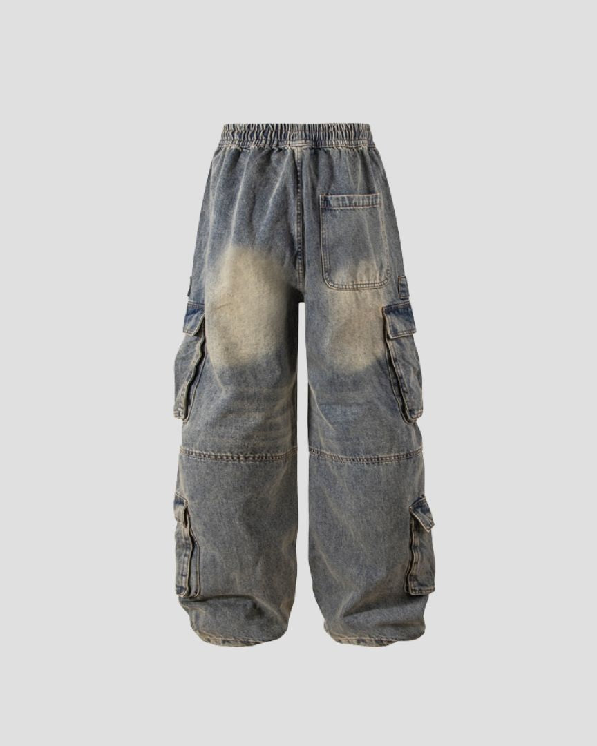 Washed Denim Multi-Pocket Cargo Pants – Trendy Streetwear Pants