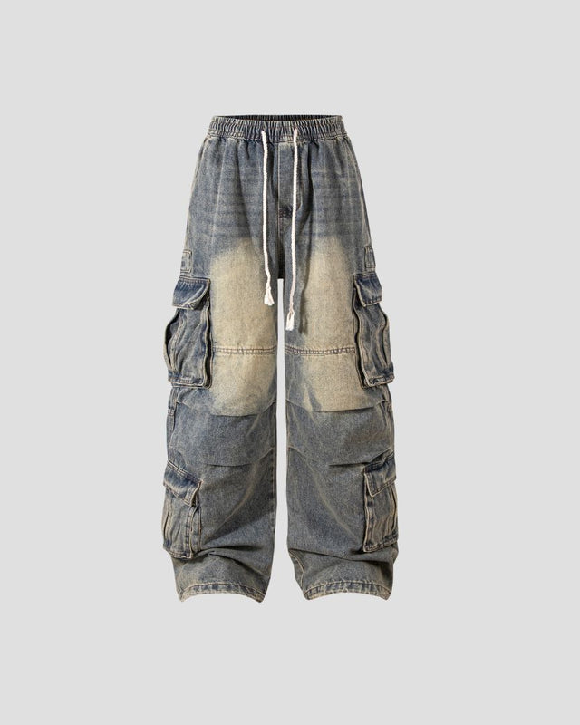 Washed Denim Multi-Pocket Cargo Pants