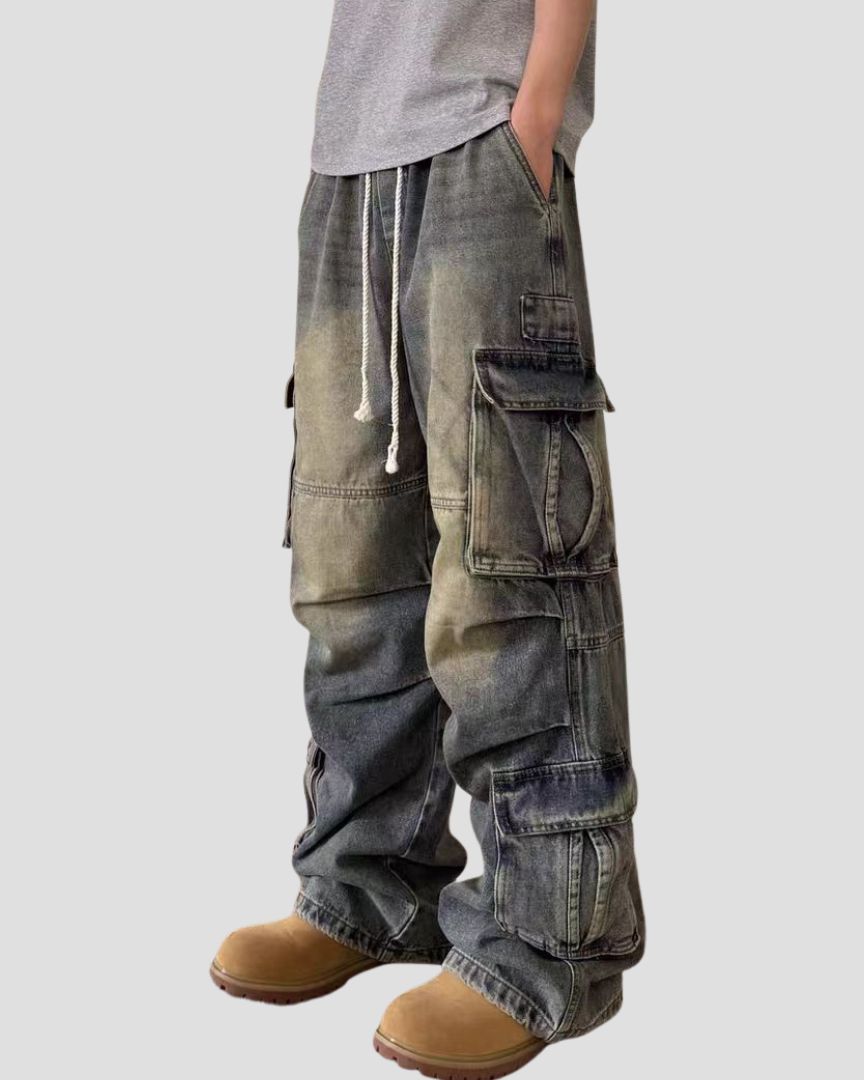 Washed Denim Multi-Pocket Cargo Pants – Trendy Streetwear Pants