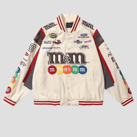 Hip-hop style oversized baseball jacket with embroidered details