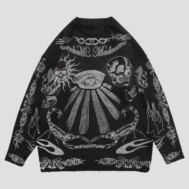Gothic Skull Print Knitted Sweater