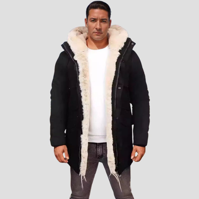 Model wearing the Hooded Fleece Lined Warm Jacket outdoors, demonstrating its stylish and functional design