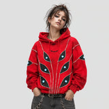 None Unit Abyss Eye Embroidered Hoodie in red female model front view