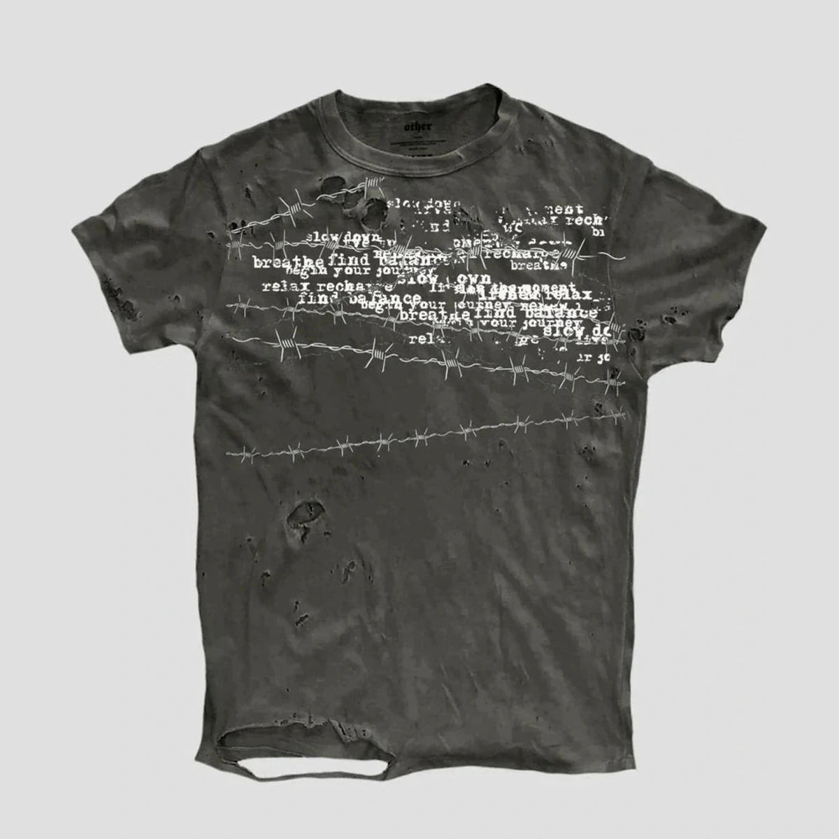 None Unit Barbed Script Distressed Tee in iron gray product front view