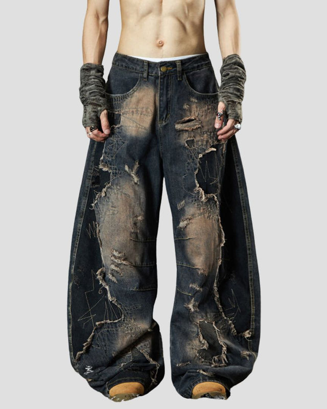 DISTRESSED CURVED DENIM BLK/BLU