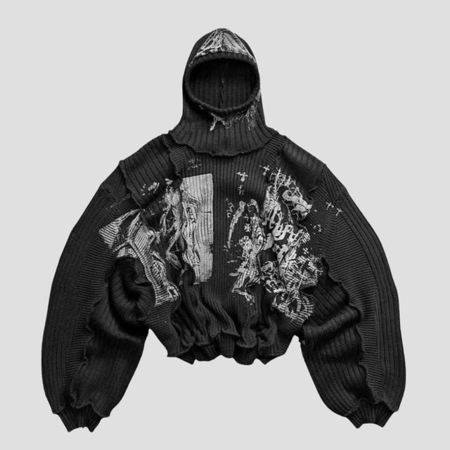 DISTRESSED KNIT OVERSIZED SWEATER BLK