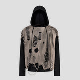None Unit Dust Veil Shredded Layered Knit Hoodie in taupe product front view