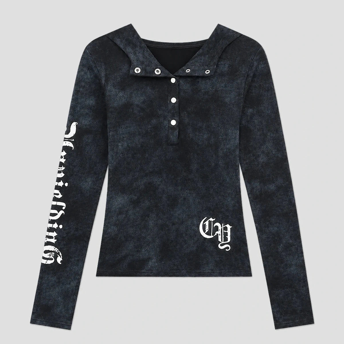 None Unit Ghost Script Hooded Henley Top in black product front view