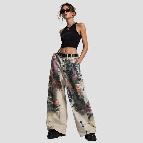 None Unit Graffiti Wash Wide-Leg Jeans in graffiti wash model front view