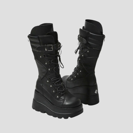 None Unit Heavy-Duty Punk Platform Biker Boots in black product front view