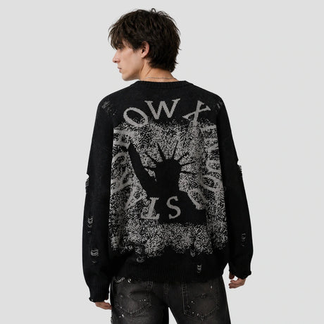 None Unit Liberty Hand Distressed Graphic Sweater in black male model back view