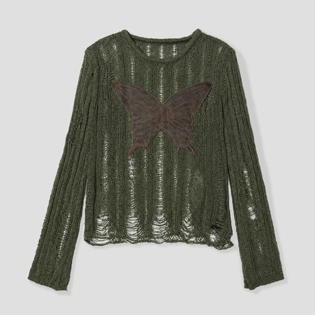 None Unit Moth Veil Distressed Knit Top in green butterfly product front view