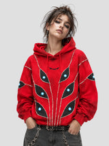 None Unit Abyss Eye Embroidered Hoodie in red female model front view
