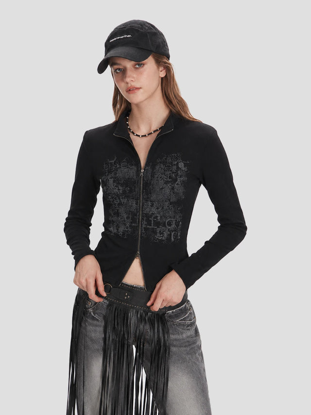 None Unit Archive Print Double-zip Top in black female model front view