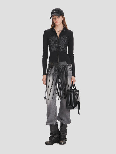 None Unit Archive Print Double-zip Top in black female model full body view