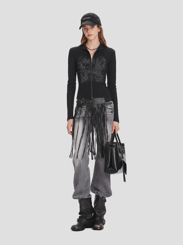 None Unit Archive Print Double-zip Top in black female model full body view