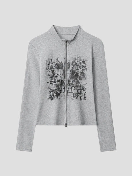 None Unit Archive Print Double-zip Top in heather gray product front view