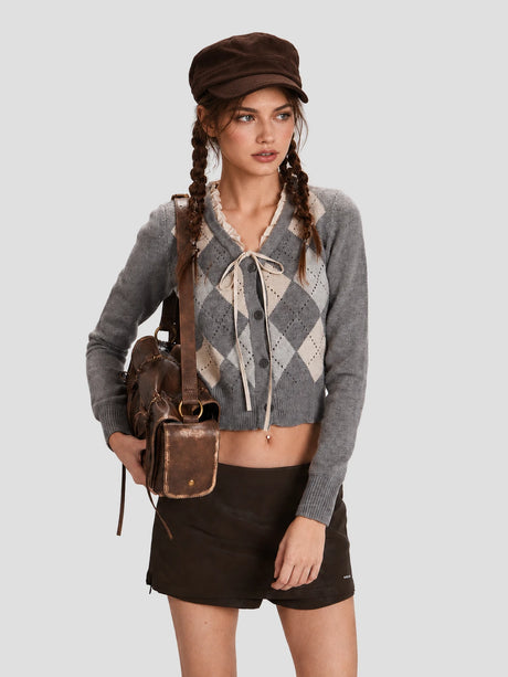None Unit Argyle Bow Cropped Cardigan in heather gray female model alternate front view