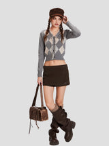 None Unit Argyle Bow Cropped Cardigan in heather gray female model full body view