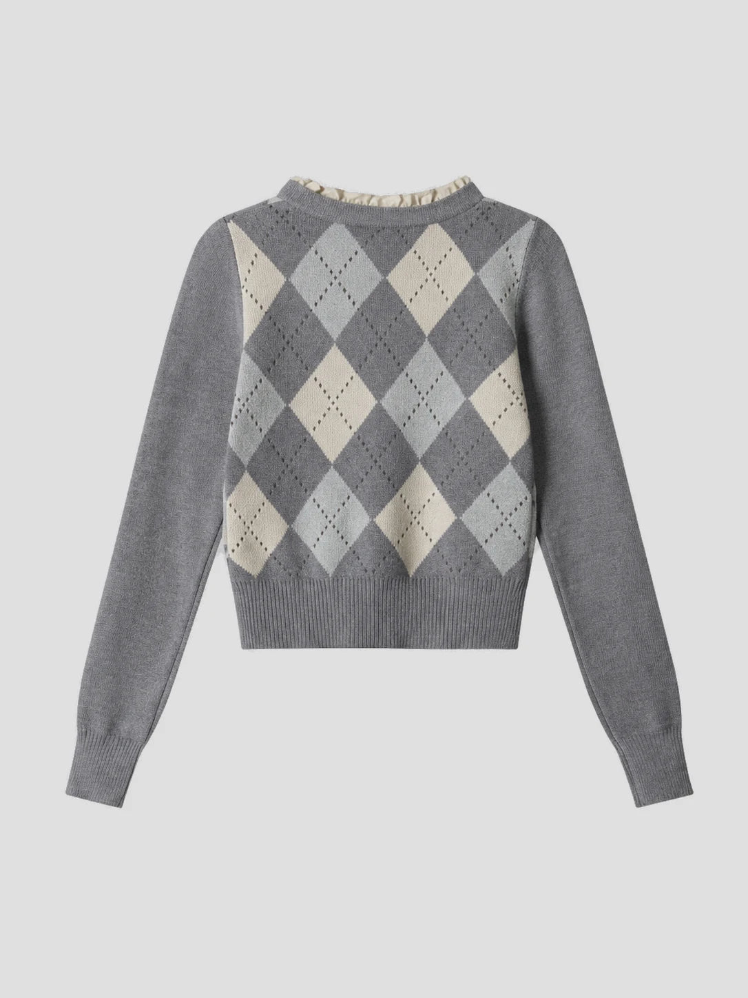 None Unit Argyle Bow Cropped Cardigan in heather gray product back view