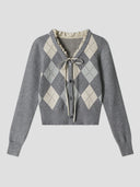 None Unit Argyle Bow Cropped Cardigan in heather gray product front view