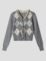 None Unit Argyle Bow Cropped Cardigan in heather gray product front view