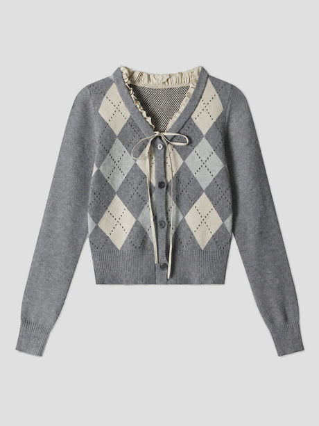 None Unit Argyle Bow Cropped Cardigan in heather gray product front view