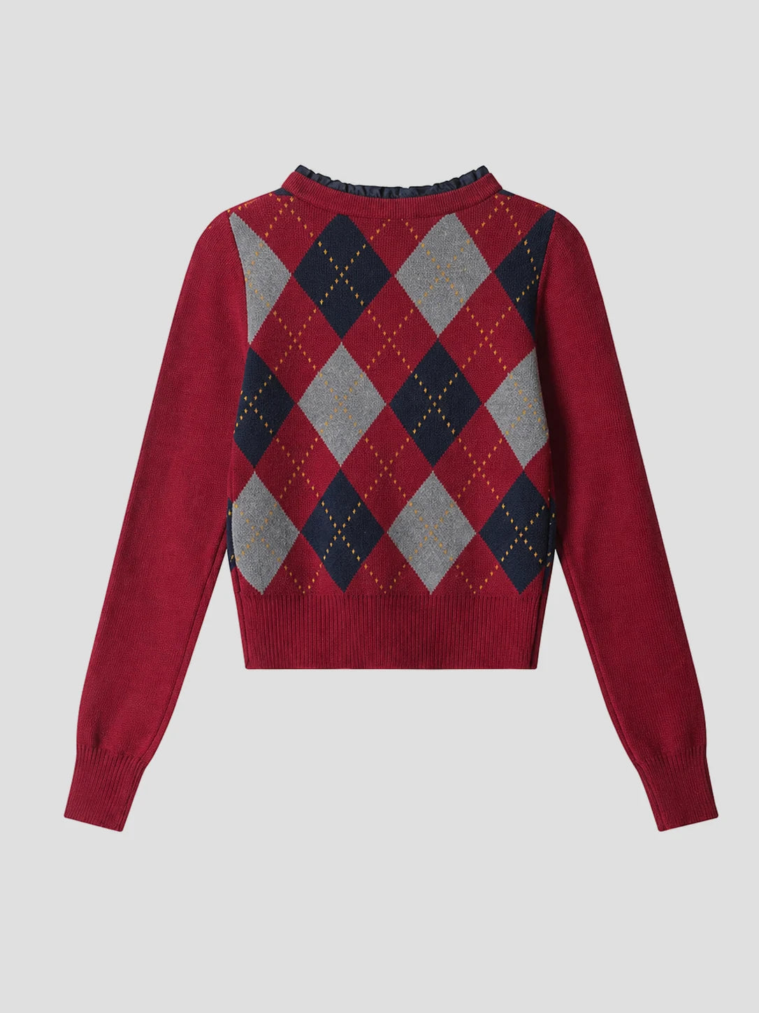 None Unit Argyle Bow Cropped Cardigan in red product back view