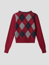 None Unit Argyle Bow Cropped Cardigan in red product back view
