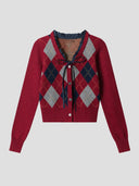 None Unit Argyle Bow Cropped Cardigan in red product front view