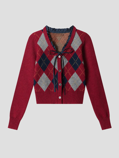None Unit Argyle Bow Cropped Cardigan in red product front view